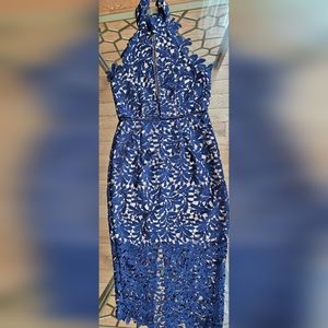 Lulus Devine Destiny Lace Midi Dress Size Small Navy Blue Halter Sleeveless